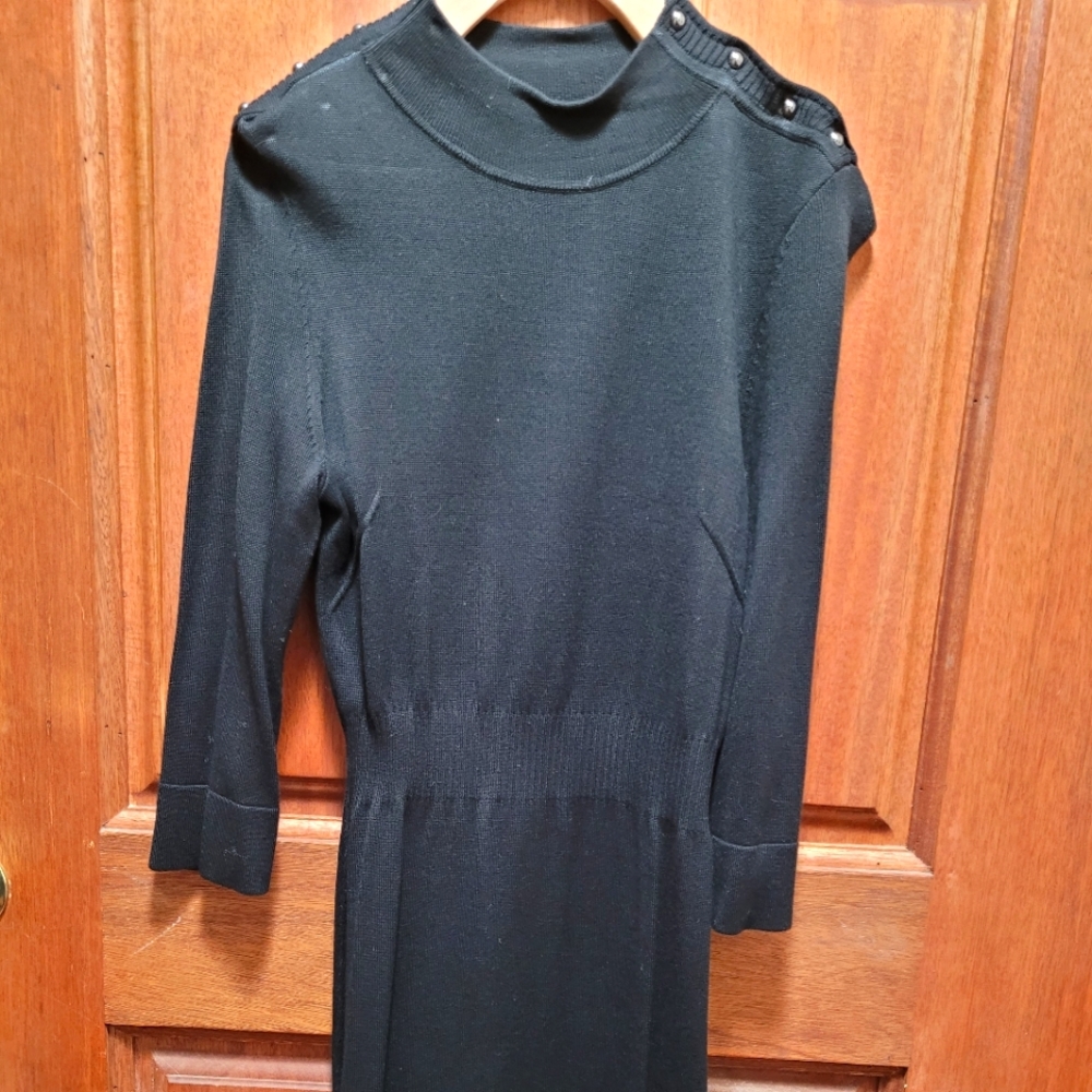 White House Black Market long sleeve black dress with silver sholder accents
